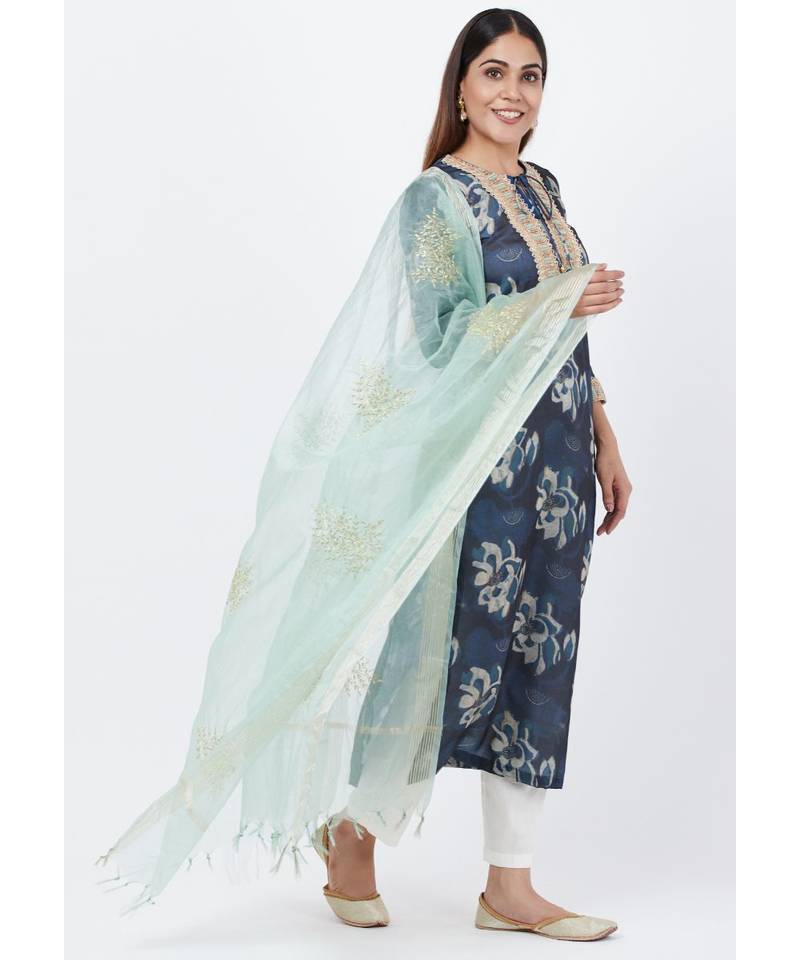Gray Floral Embroidered Silk Kurti with Off-White Palazzo and Festive Dupatta