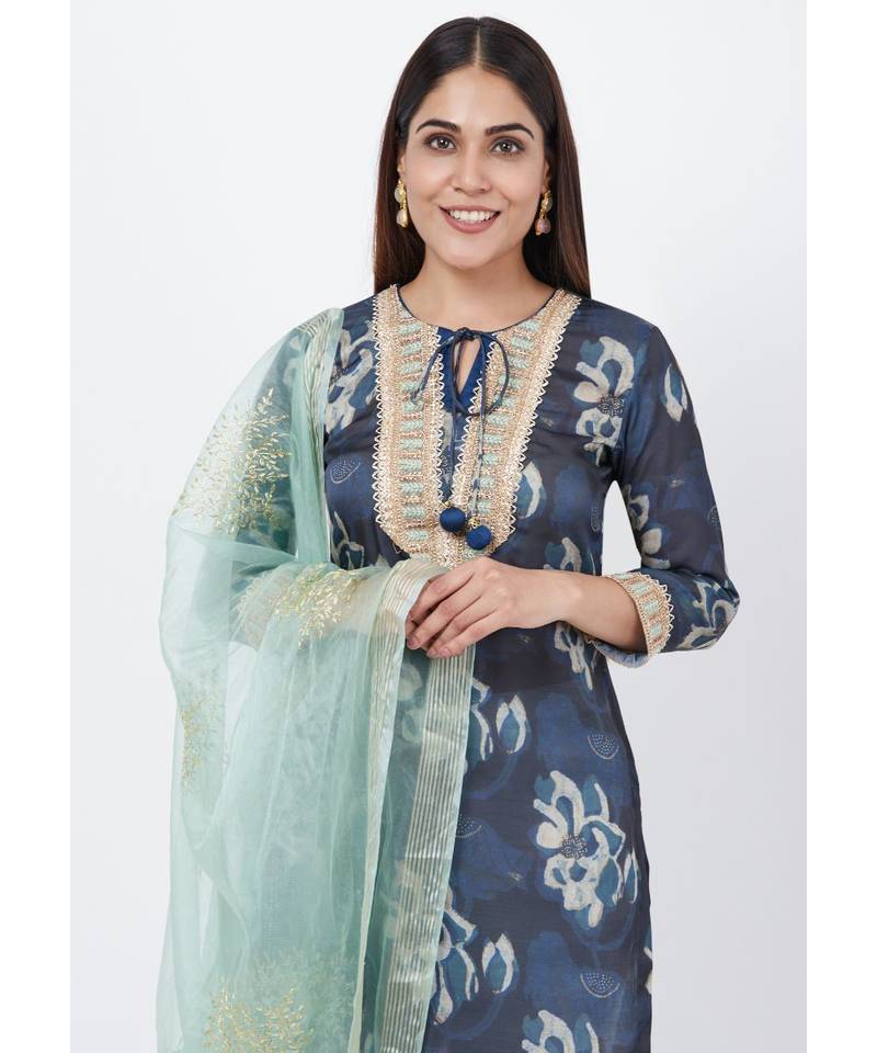 Gray Floral Embroidered Silk Kurti with Off-White Palazzo and Festive Dupatta