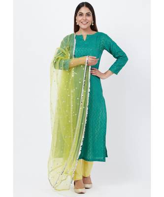 Green Silk Self Embroidered Kurti with Straight Pants and Sequenced Dupatta 1