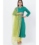 Green Silk Self Embroidered Kurti with Straight Pants and Sequenced Dupatta
