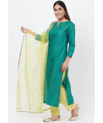 Green Silk Self Embroidered Kurti with Straight Pants and Sequenced Dupatta 2