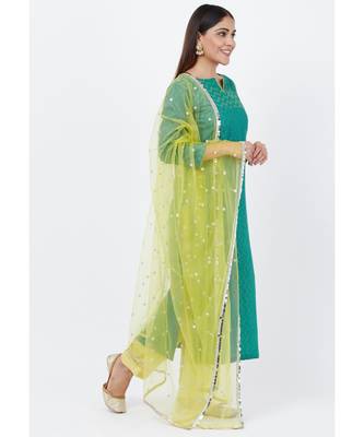 Green Silk Self Embroidered Kurti with Straight Pants and Sequenced Dupatta 3