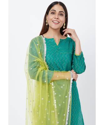 Green Silk Self Embroidered Kurti with Straight Pants and Sequenced Dupatta 4