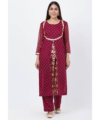 Purple Georgette Foil Pleated Kurti with Foil Printed Palazzo 1