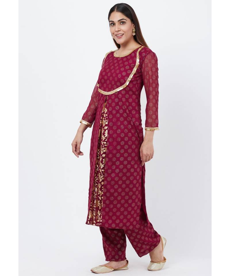 Purple Georgette Foil Pleated Kurti with Foil Printed Palazzo