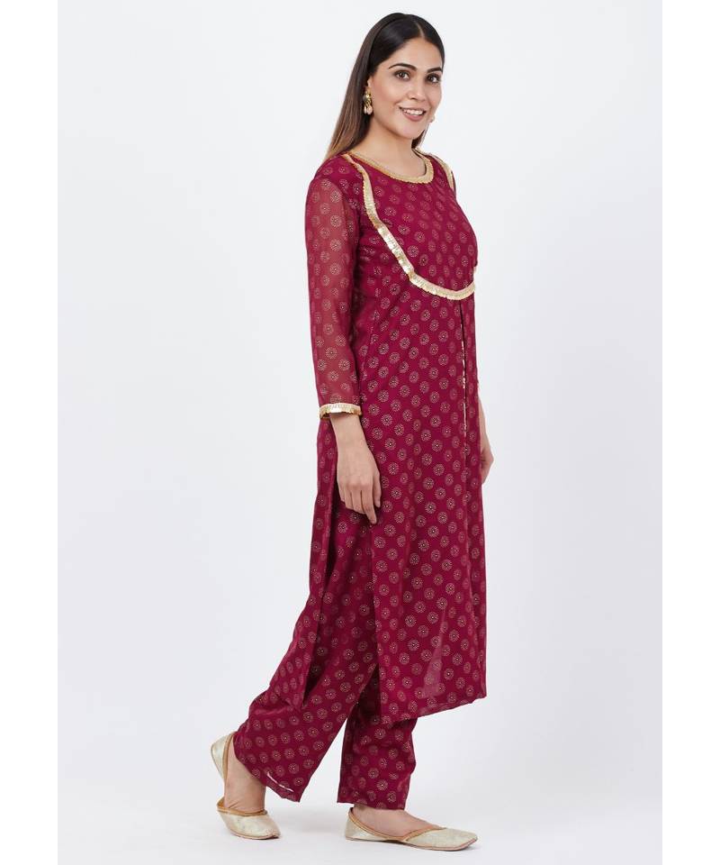 Purple Georgette Foil Pleated Kurti with Foil Printed Palazzo