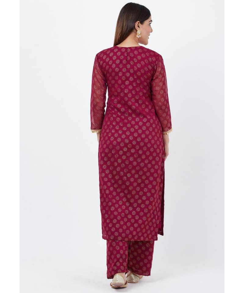 Purple Georgette Foil Pleated Kurti with Foil Printed Palazzo