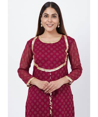 Purple Georgette Foil Pleated Kurti with Foil Printed Palazzo 5