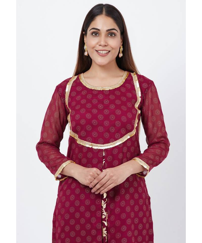 Purple Georgette Foil Pleated Kurti with Foil Printed Palazzo