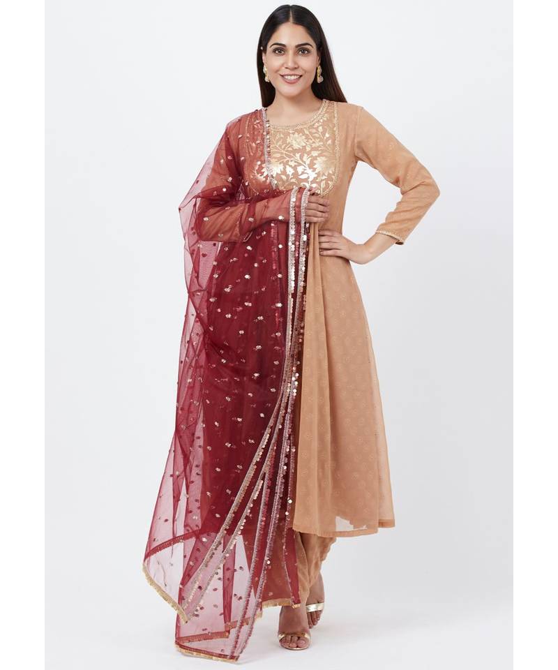 Gold Georgette Foil Gathered Kurti with Straight Palazzo and Sequenced Dupatta