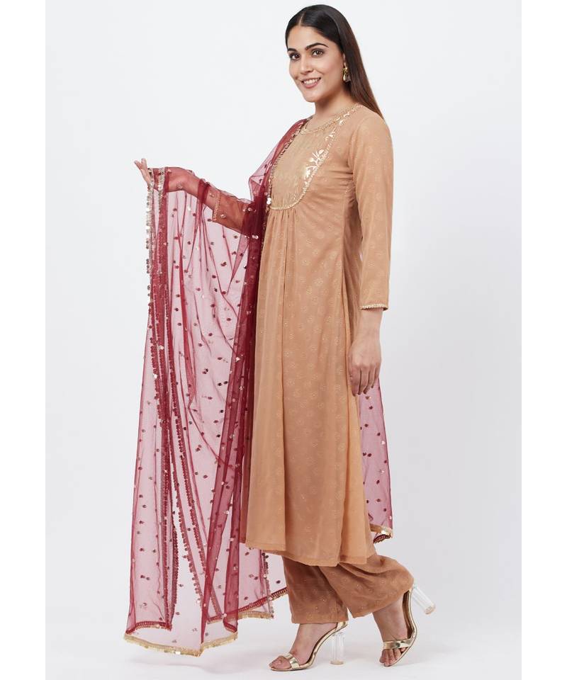 Gold Georgette Foil Gathered Kurti with Straight Palazzo and Sequenced Dupatta