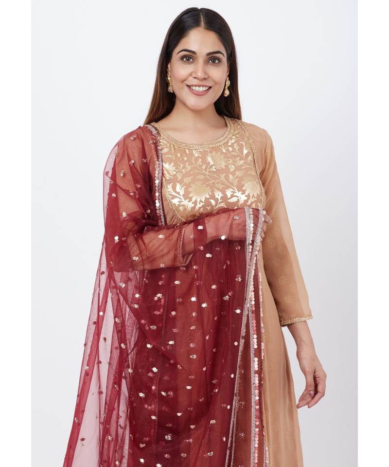 Gold Georgette Foil Gathered Kurti with Straight Palazzo and Sequenced Dupatta