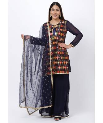 Navy Blue Embroidered Short Kurti and Kalidaar Palazzos and Sequenced Dupatta 1
