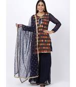 Navy Blue Embroidered Short Kurti and Kalidaar Palazzos and Sequenced Dupatta