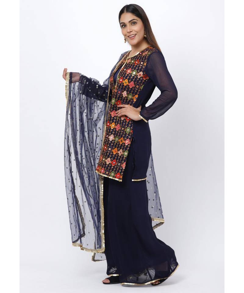 Navy Blue Embroidered Short Kurti and Kalidaar Palazzos and Sequenced Dupatta