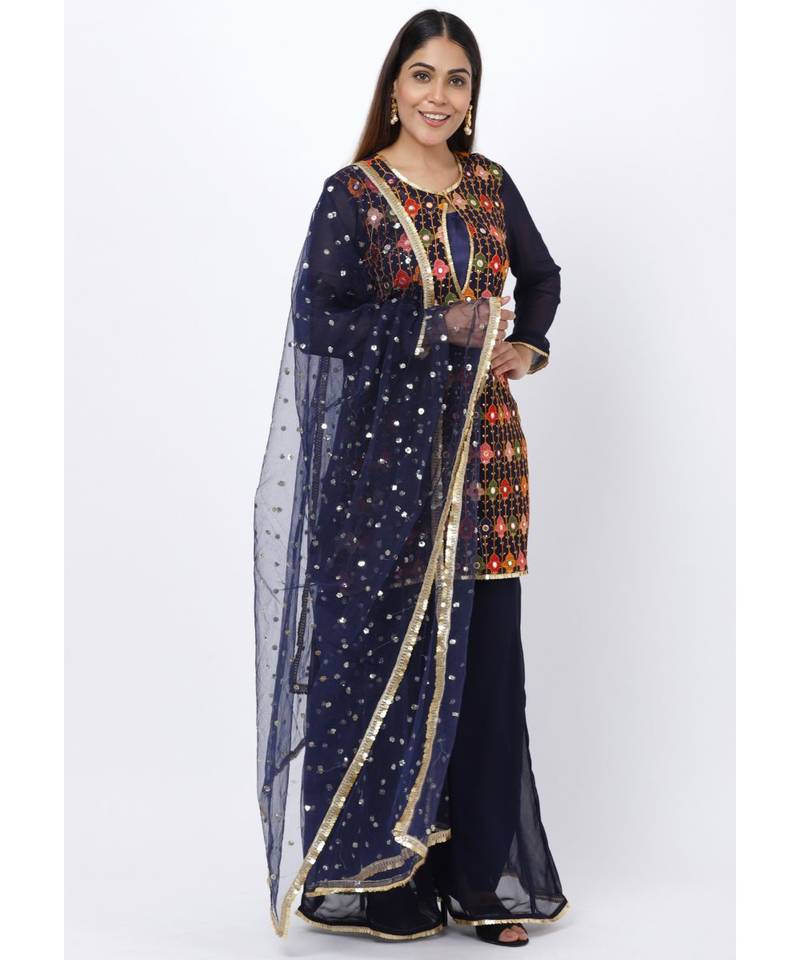 Navy Blue Embroidered Short Kurti and Kalidaar Palazzos and Sequenced Dupatta