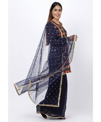 Navy Blue Embroidered Short Kurti and Kalidaar Palazzos and Sequenced Dupatta 4