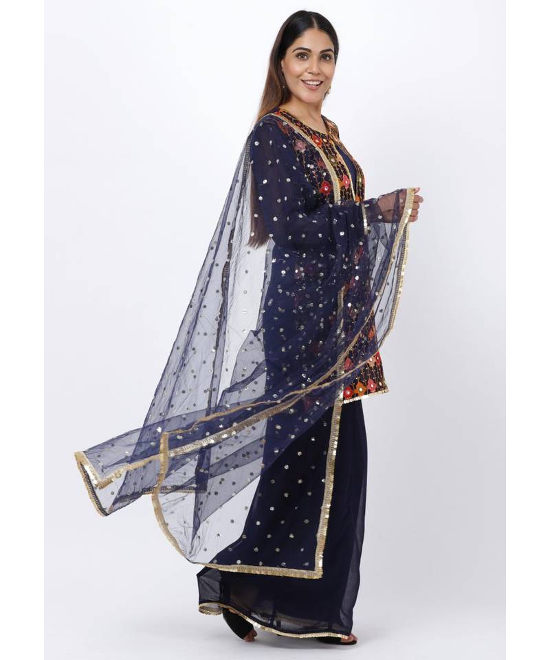 Navy Blue Embroidered Short Kurti and Kalidaar Palazzos and Sequenced Dupatta
