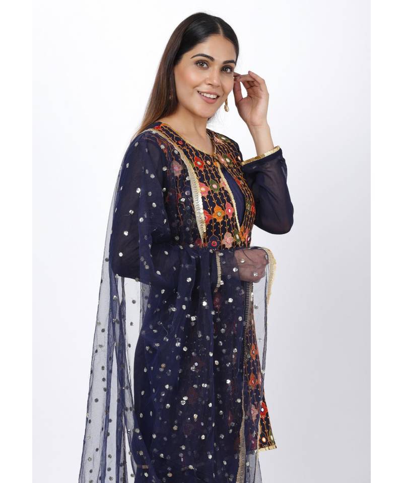 Navy Blue Embroidered Short Kurti and Kalidaar Palazzos and Sequenced Dupatta