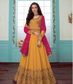 Yellow Fox Georgette With Chain Stitch Work And Stone Anarkali Suit