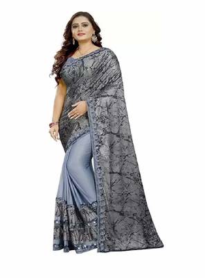 grey printed cotton saree with blouse 1