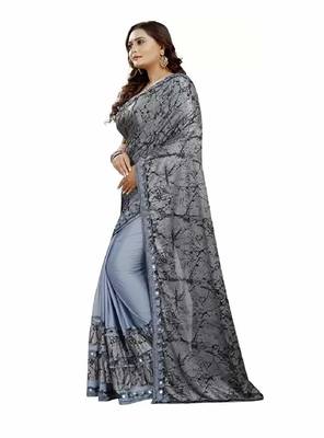 grey printed cotton saree with blouse 3