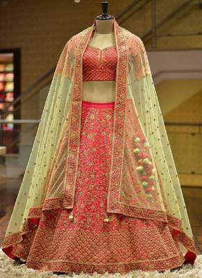 Pink Colored Partywear Embroidered Malay Satin Silk Lehenga Choli 1