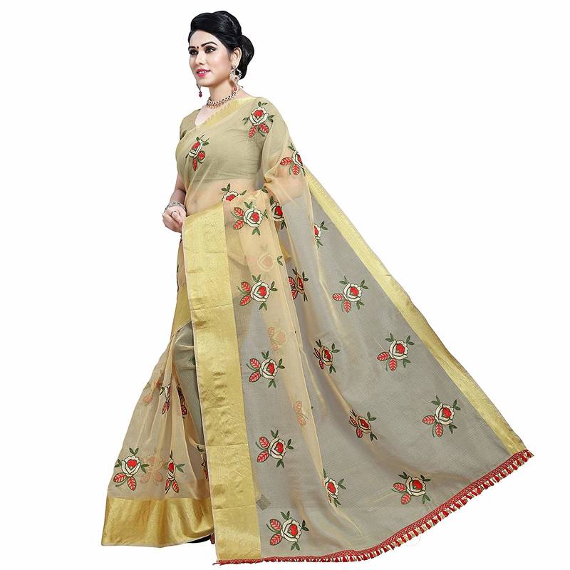 brown embroidered organza saree with blouse