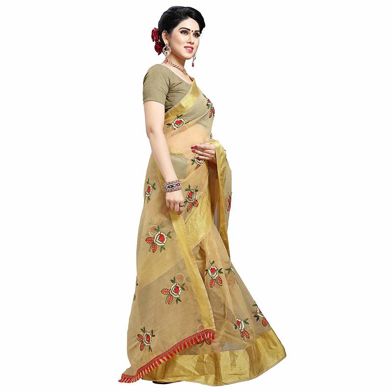 brown embroidered organza saree with blouse