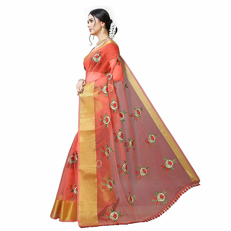 peach embroidered organza saree with blouse