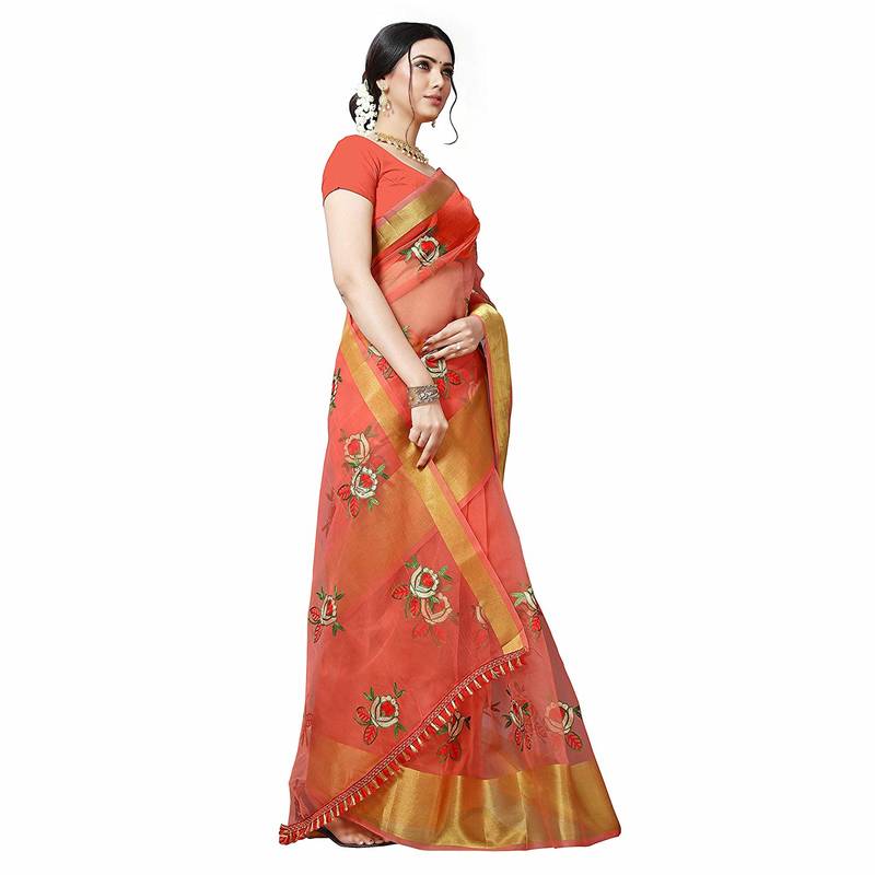 peach embroidered organza saree with blouse