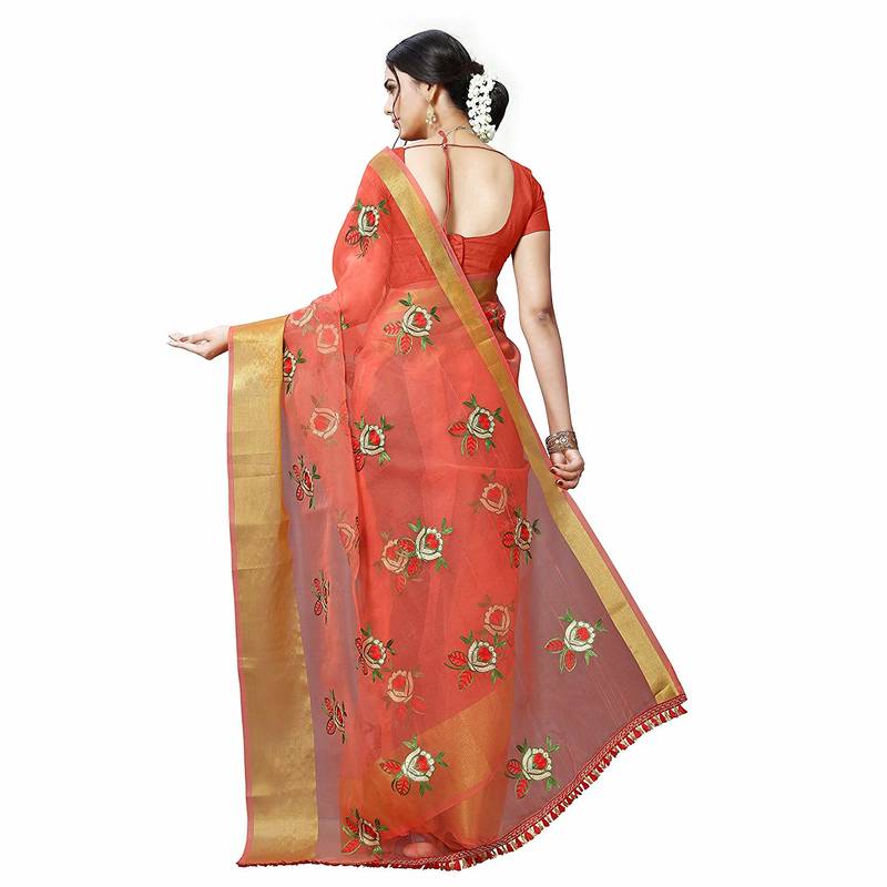 peach embroidered organza saree with blouse