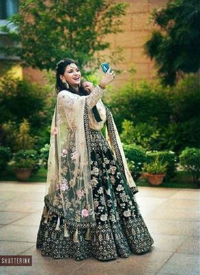 Green Colored Embroidered Attractive Party Wear Designer Velvet Lehenga Choli 1