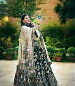 Green Colored Embroidered Attractive Party Wear Designer Velvet Lehenga Choli