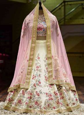 Beautiful Off White Colored Designer Partywear Embroidered Work Silk Material Lehenga Choli 1