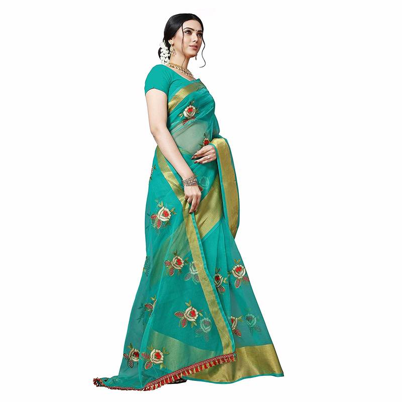 green embroidered organza saree with blouse
