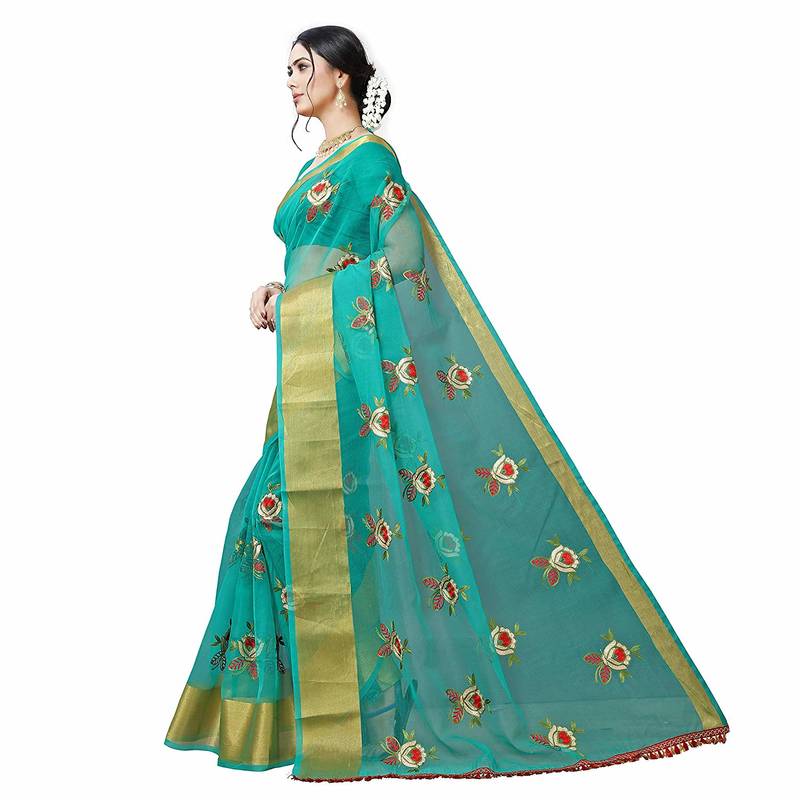 green embroidered organza saree with blouse