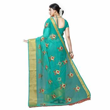 green embroidered organza saree with blouse 4