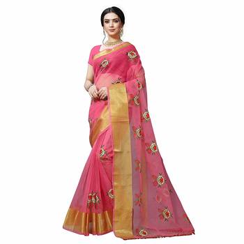 Pink embroidered organza saree with blouse 1