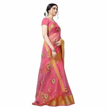 Pink embroidered organza saree with blouse 2