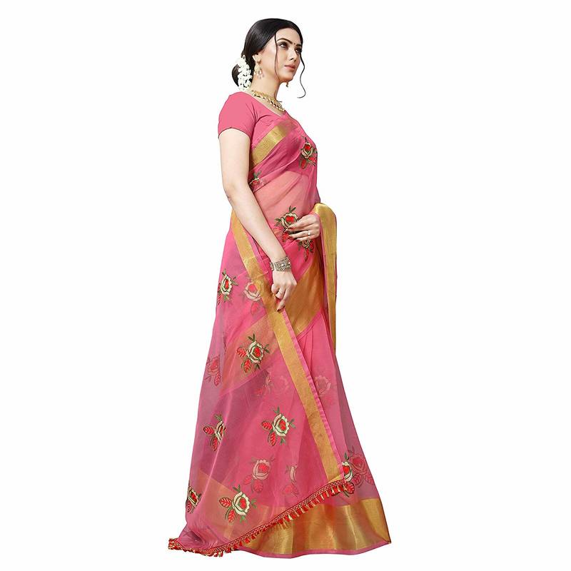 Pink embroidered organza saree with blouse