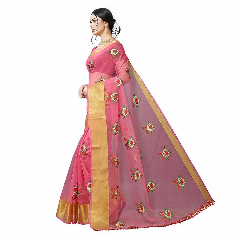 Pink embroidered organza saree with blouse