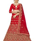Red Embroidered Satin Semi Stitched Lehenga
