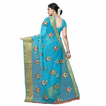 turquoise embroidered organza saree with blouse 2