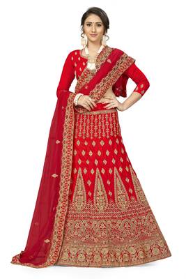 Red Embroidered Satin Semi Stitched Lehenga 1
