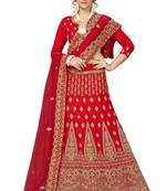Red Embroidered Satin Semi Stitched Lehenga