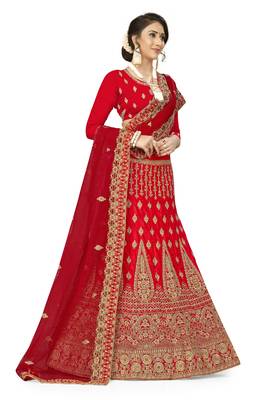 Red Embroidered Satin Semi Stitched Lehenga 2