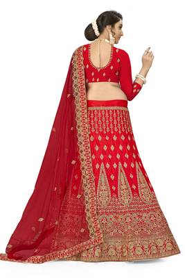 Red Embroidered Satin Semi Stitched Lehenga 3