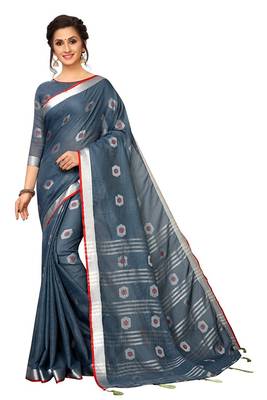 Grey woven linen saree with blouse 1