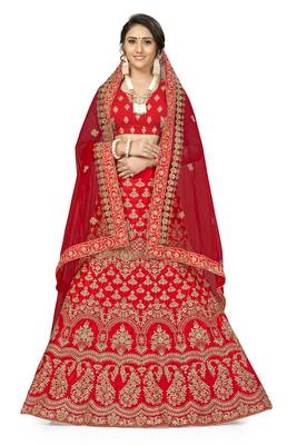 Red Embroidered Satin Semi Stitched Lehenga 1